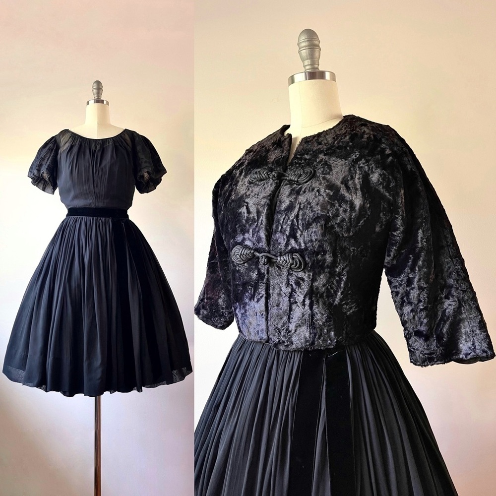 Vintage 50’s black cocktail dress with matching velvet jacket. xs.